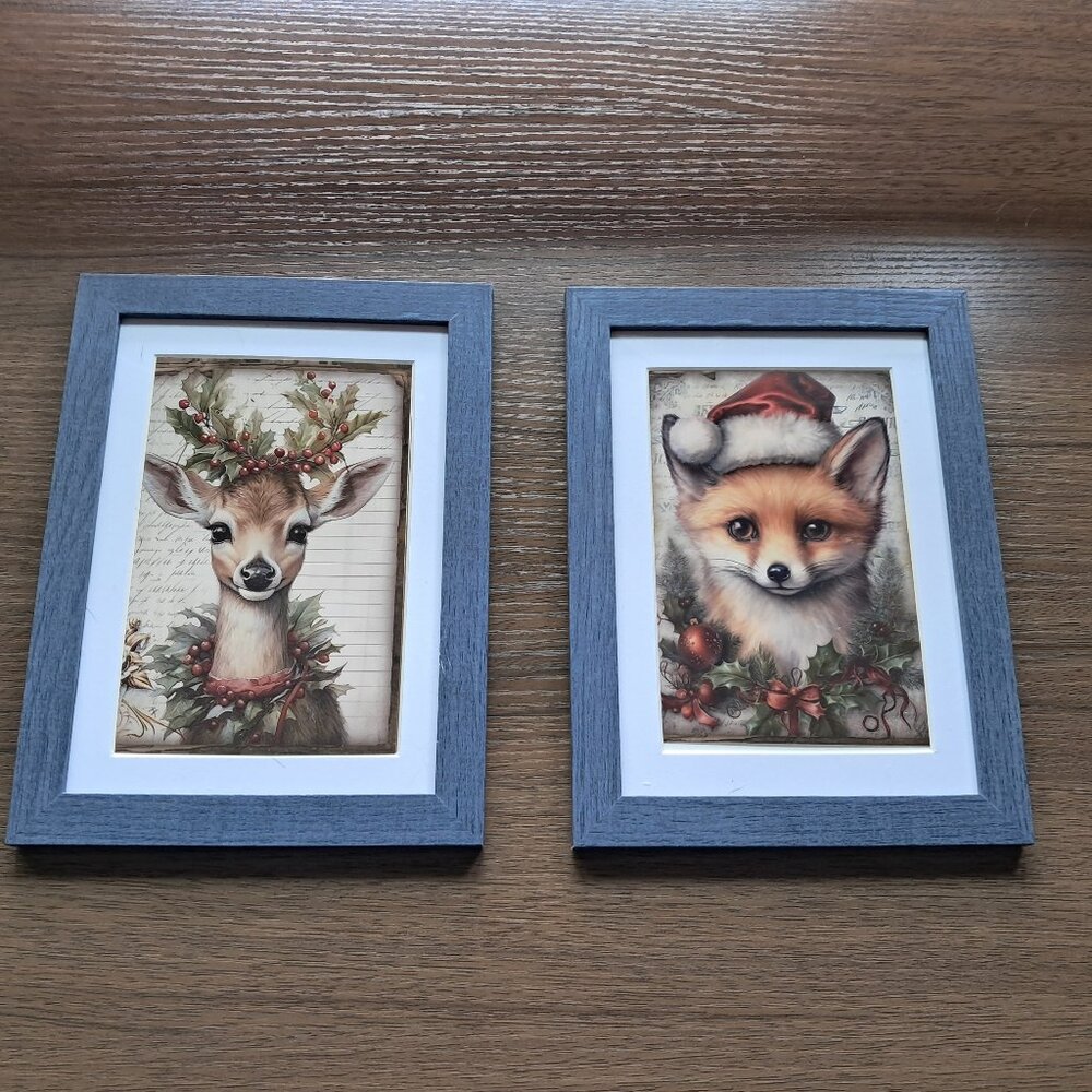 Pair of 5 X 7 Christmas Critters - Fox & Deer in Denim blue wooden frames.